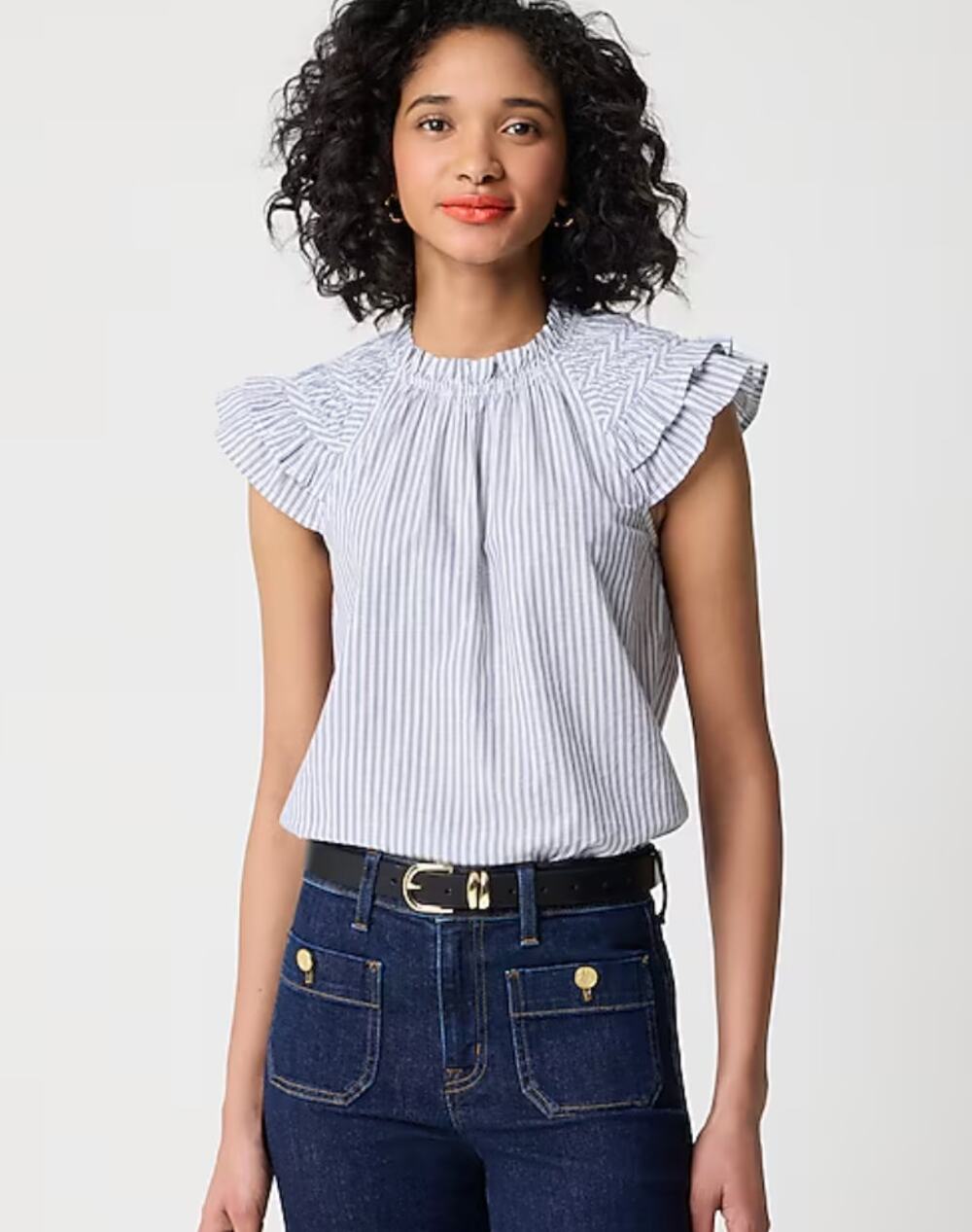 J.Crew Striped Flutter Sleeve Top Blouse Cotton White Blue Preppy Medium NWT